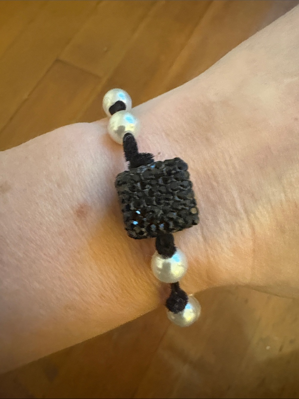 Hand-Crafted Black Rhinestone Cube and Pearl Cord Bracelet
